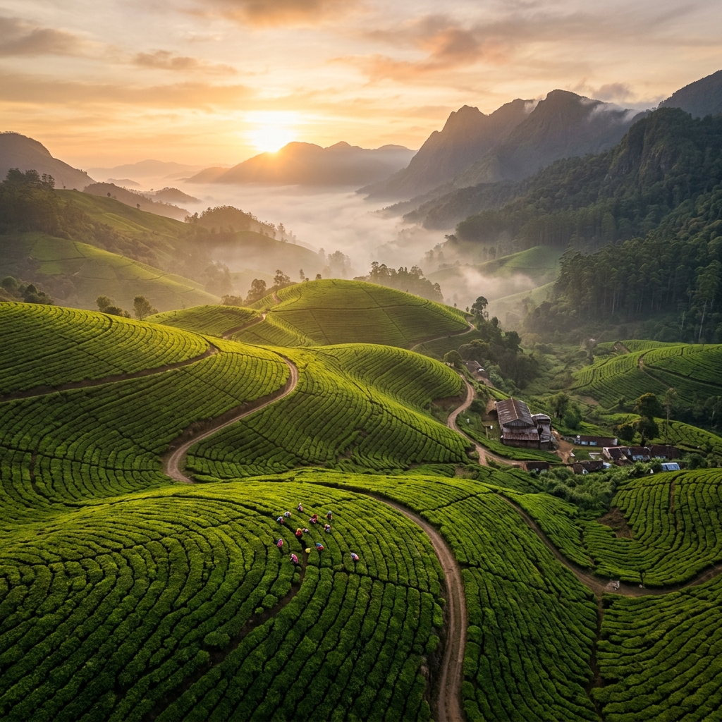 Lush green tea plantation in Sri Lanka at sunrise